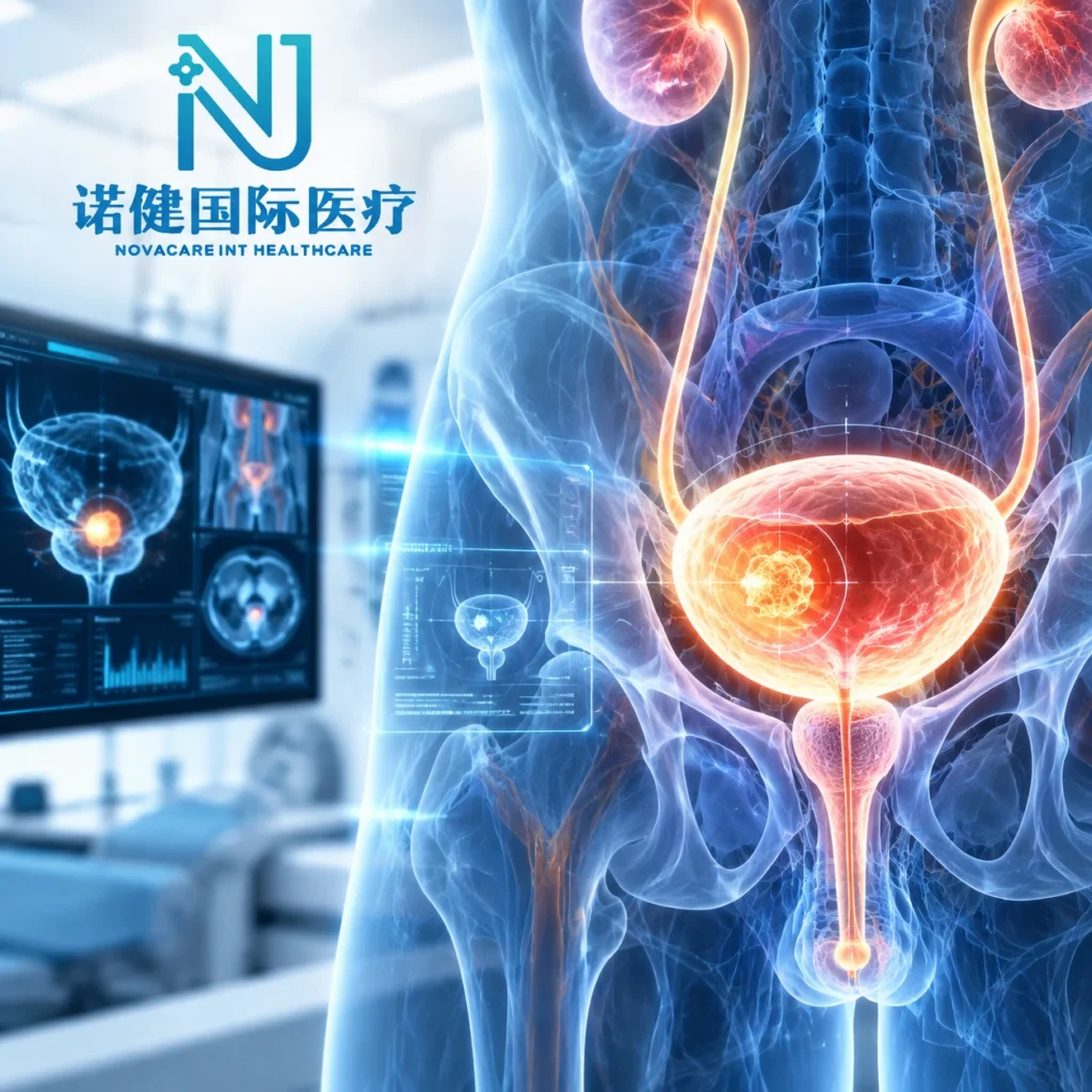 Medical illustration of the human urinary system highlighting bladder cancer diagnostics
