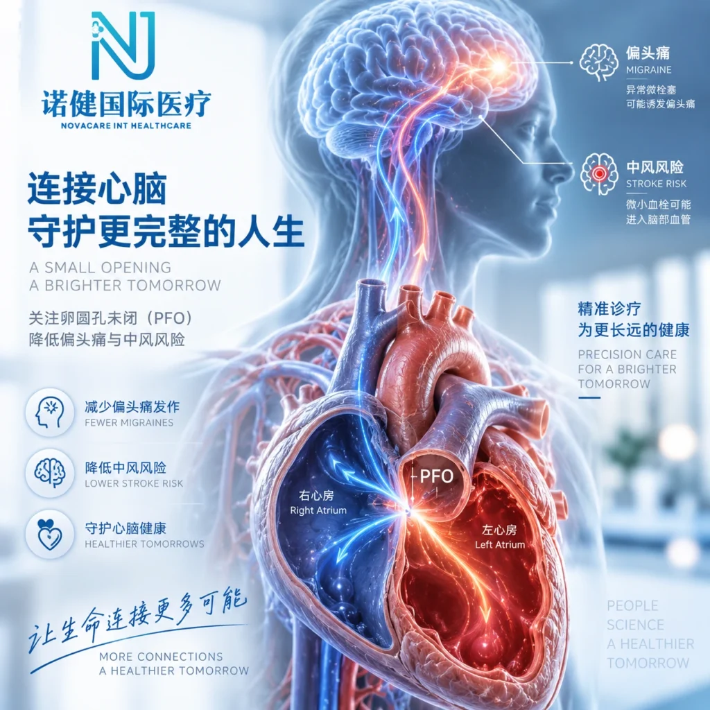 Medical visualization of a human heart highlighting a Patent Foramen Ovale and its connection to brain health