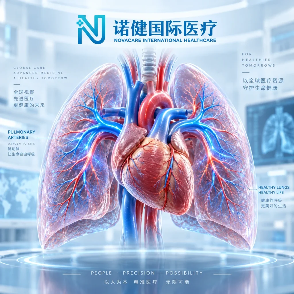 Medical illustration showing the heart and lungs related to pulmonary hypertension symptoms