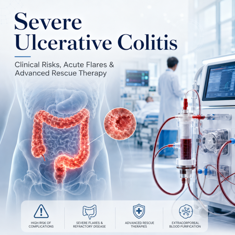 Medical specialist reviewing ulcerative colitis clinical records and blood purification options