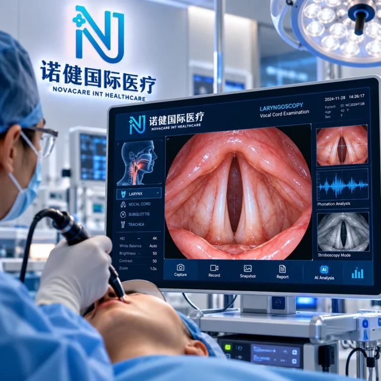 Medical illustration of laryngeal screening and vocal cord leukoplakia diagnosis