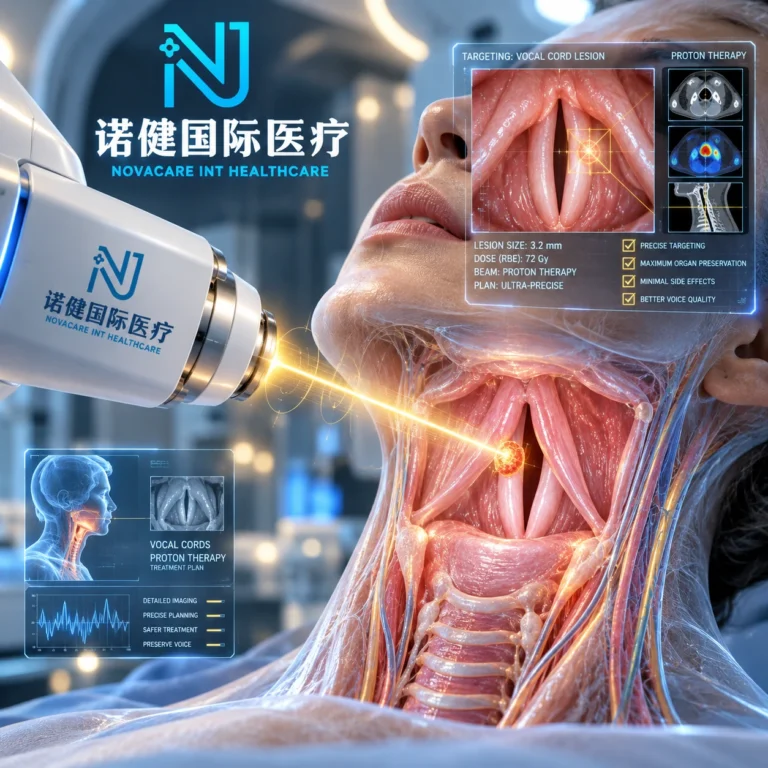 Medical visualization of the larynx and vocal cords highlighting laryngeal cancer symptoms and proton therapy precision